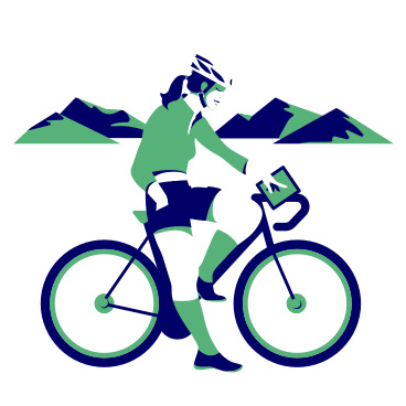 骑自行车时戴头盔的女骑手在山的背景下看着导航器 PNG, SVG
