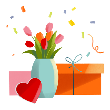 Bouquet of flowers and boxes of gifts for valentine's day PNG, SVG
