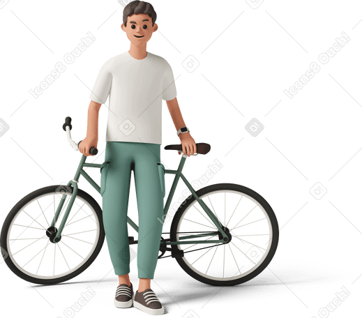 3D young man standing with bicycle behind his back PNG, SVG