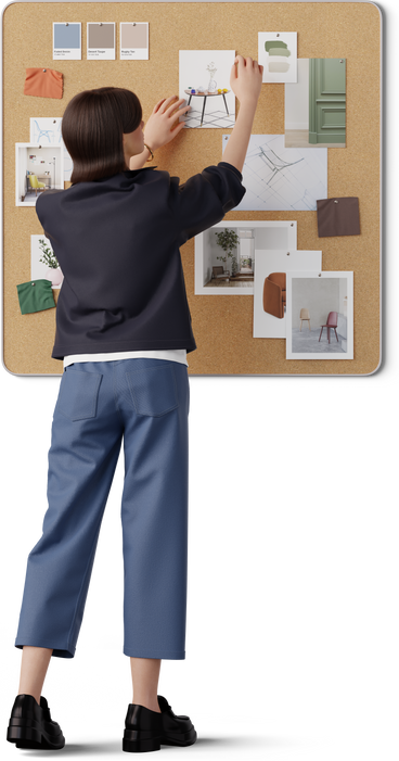 young woman pinning picture on moodboard PNG, SVG