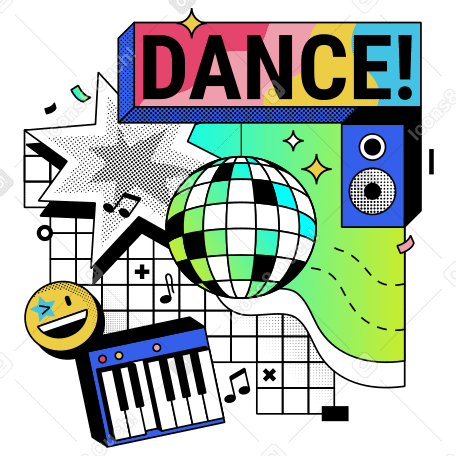 Piano eléctrico, bola de discoteca y altavoz para fiesta de baile PNG, SVG