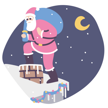 Santa Claus with a bag of presents on the roof by the chimney on Christmas Eve Illustration in PNG, SVG