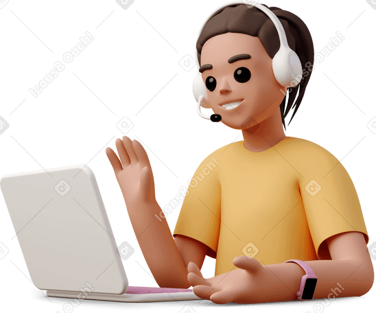 Illustration 3D Jeune femme au casque assise devant un ordinateur portable et agitant aux formats PNG, SVG