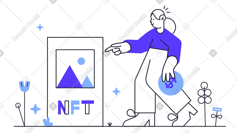 女人指着一张 nft 图片，手里拿着钱 PNG, SVG