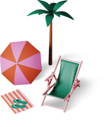 beach sunbed, umbrella, palm, slippers and towel PNG, SVG