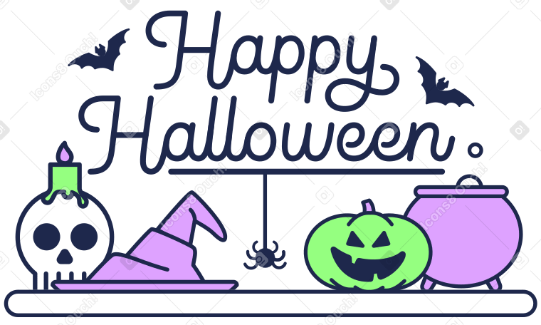 Lettering Happy Halloween with pumpkin, bats and hat text PNG, SVG