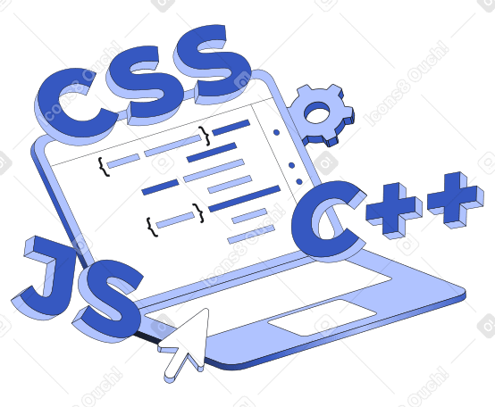 Lettering CSS/Java Sript/C++ and laptop with program code text PNG, SVG