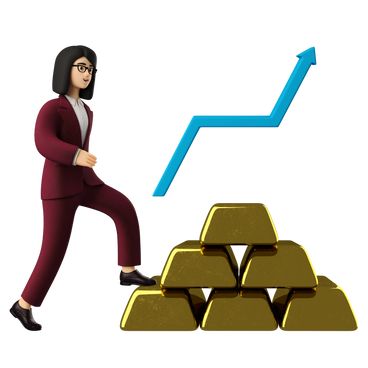 Empresária subindo em uma pilha de ouro perto de um gráfico mostrando o crescimento financeiro PNG, SVG