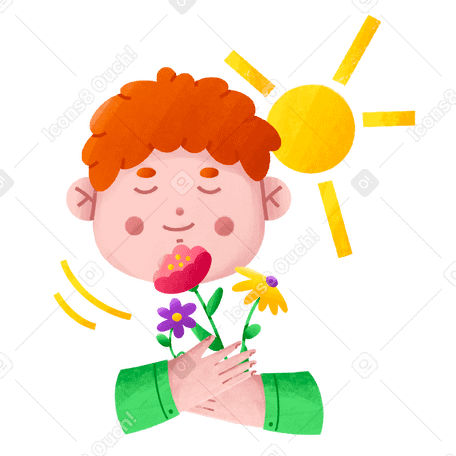 Redheaded boy holding flowers and standing in the sun PNG, SVG
