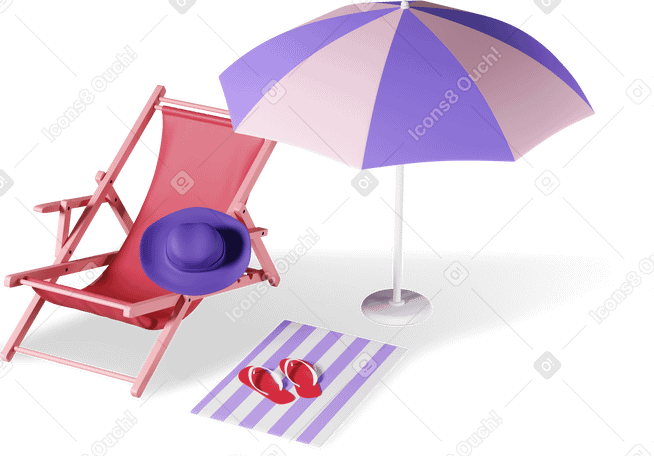3D 海滩日光浴床、雨伞、帽子、毛巾和拖鞋 PNG, SVG