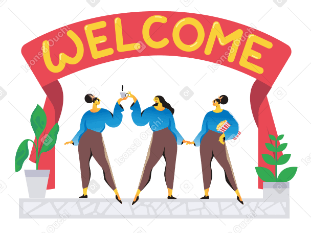 Women stanidng under welcome banner PNG, SVG