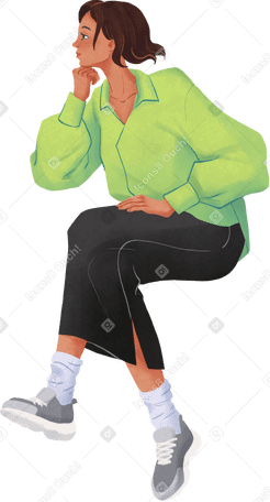 woman in green shirt and black skirt sitting PNG, SVG