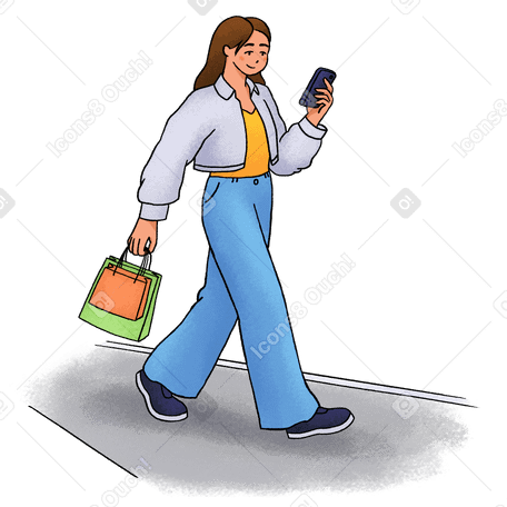 Young woman walking and using her smartphone PNG、SVG
