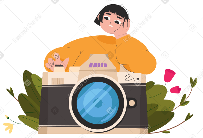 Girl taking pictures with a large camera with flowers and plants PNG, SVG
