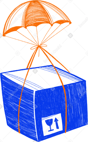 blue cardboard box with orange parachute PNG, SVG