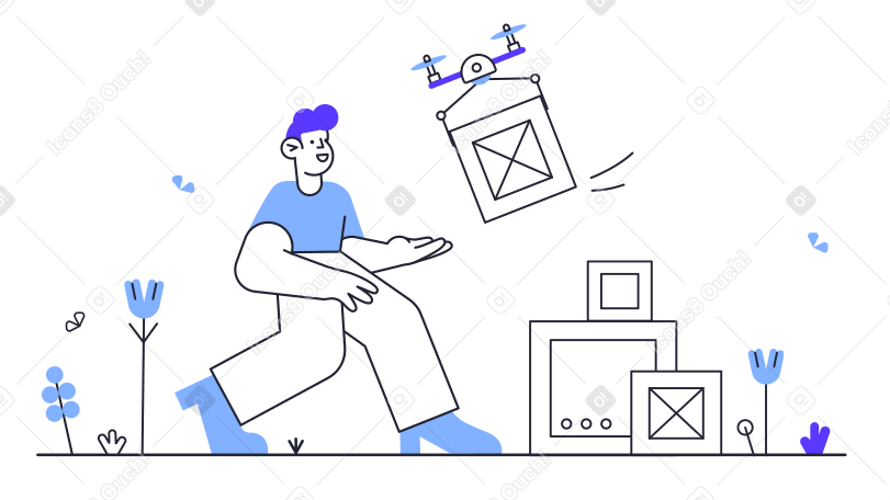 Drone delivering package to man Illustration in PNG, SVG