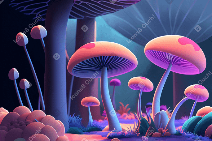 3D cartoon forest with mushrooms Illustration in PNG, SVG
