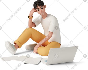 Young man sitting on floor near laptop PNG, SVG