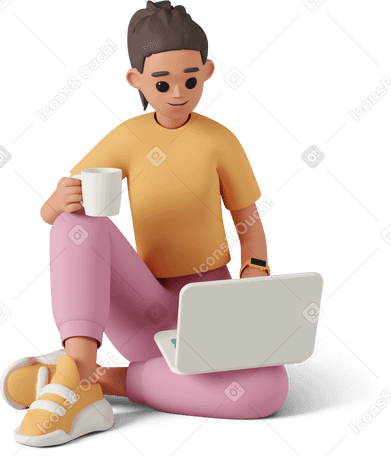 3D female sitting on the floor with cup in hand and laptop on leg PNG, SVG