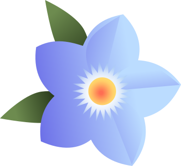 blue flower with a yellow center and two leaves PNG, SVG