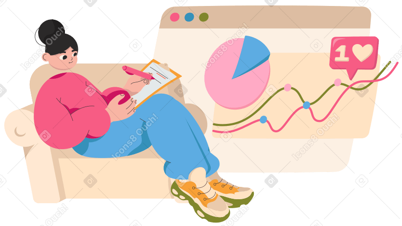 Woman writes in a document with a browser and graphs Illustration in PNG, SVG