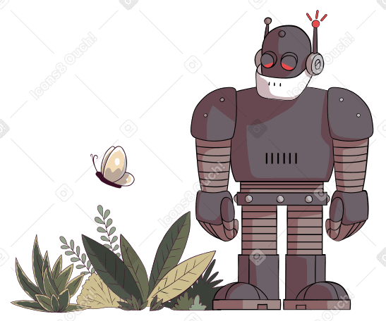 Robot looking at a butterfly PNG, SVG