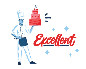 Отличная надпись и шеф-повар держит торт в PNG, SVG