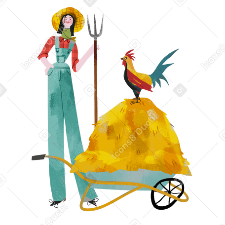 Frau in bauernkleidung mit heuhaufen und hahn PNG, SVG