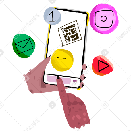 Hands holding phone with social media symbols Illustration in PNG, SVG
