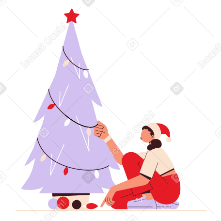 Woman decorates a Christmas tree PNG, SVG
