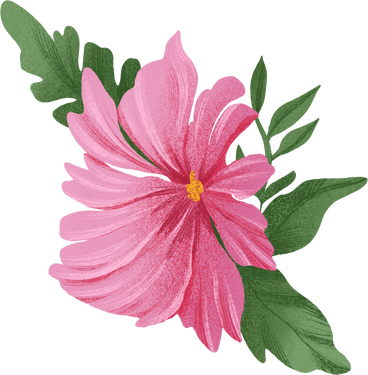 pink flower with yellow center and green leaves PNG, SVG