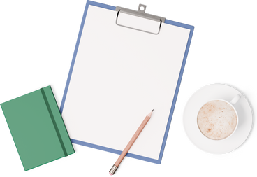 Top view of clipboard, notebook and cup of coffee PNG, SVG