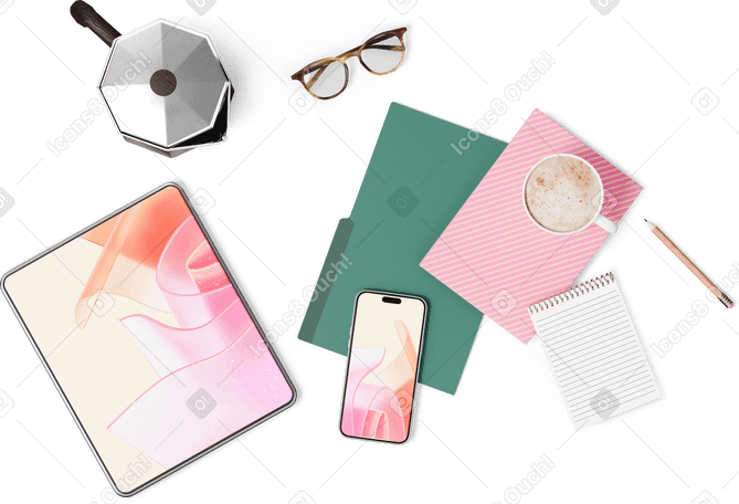 3D top view of tablet, folder, smartphone, notebooks, moka pot and cup of coffee PNG, SVG