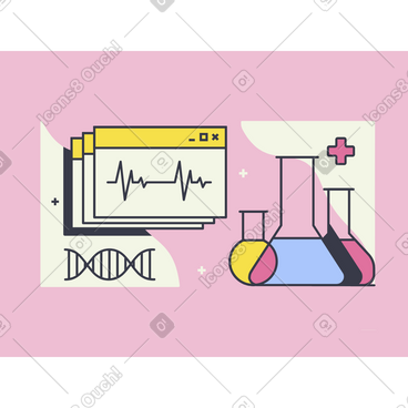 Flasks and cardiogram for research in biotechnology animated illustration in GIF, Lottie (JSON), AE