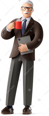 3D old businessman in classical suit and glasses with coffee mug holding tablet PNG, SVG