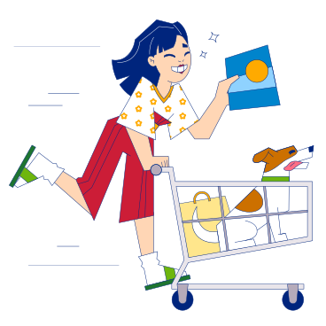 Woman pushing shopping cart with smile PNG, SVG