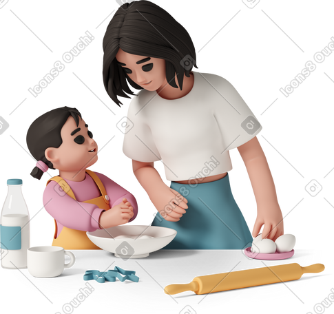 3D mom and daughter at kitchen PNG, SVG