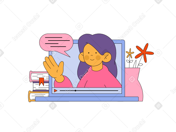 Woman hosting webinar on computer via online animated illustration in GIF, Lottie (JSON), AE