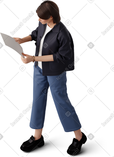 拿着纸的年轻女子的等距视图 PNG, SVG