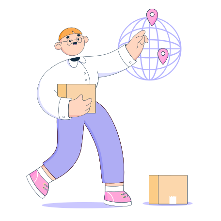 Man is pointing on the globe where to deliver the box Illustration in PNG, SVG