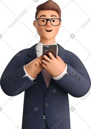 Businessman in dark blue suit with phone looking straight PNG, SVG