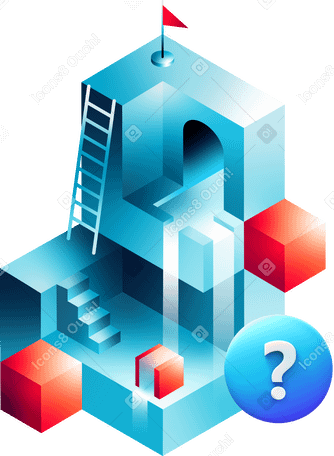 Isometric maze building, building with many ways and stairs towers garish, way to finish PNG, SVG