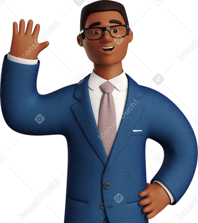 3D black businessman in blue suit waving hello Illustration in PNG, SVG