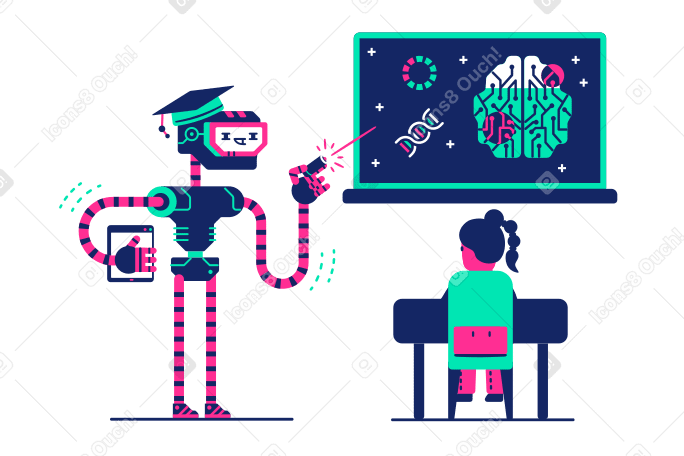 Robot teaches biology to girl in class Illustration in PNG, SVG