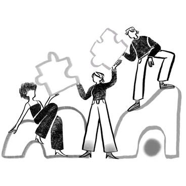 Black and white teamwork people passing puzzle pieces to each other PNG, SVG