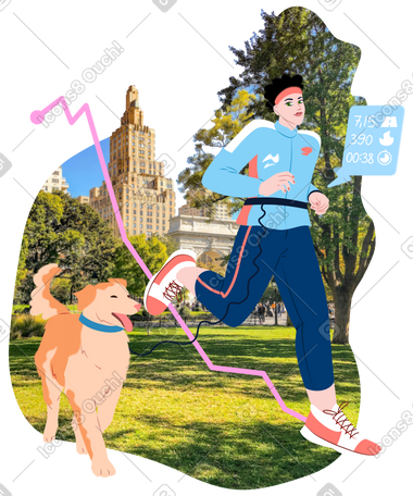 Young man runs with a dog in the park PNG, SVG