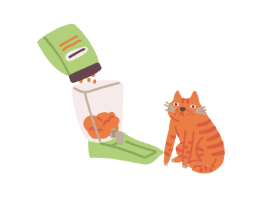 Orange cat sitting next to an automatic feeder PNG, SVG