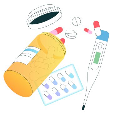 Medicines and a digital thermometer animated illustration in GIF, Lottie (JSON), AE