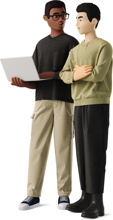 Men with laptop discussing work в PNG, SVG