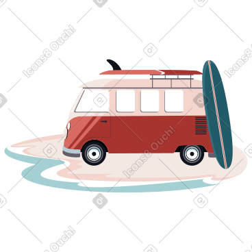 海滩上的小型货车，屋顶上有冲浪板 PNG, SVG